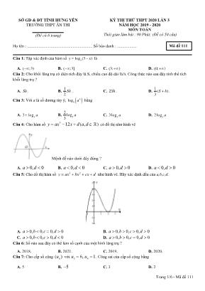 Đề thử THPT môn Vật lý lần 3 - Mã đề 111 - Năm học 2019-2020 - Trường THPT Ân Thi